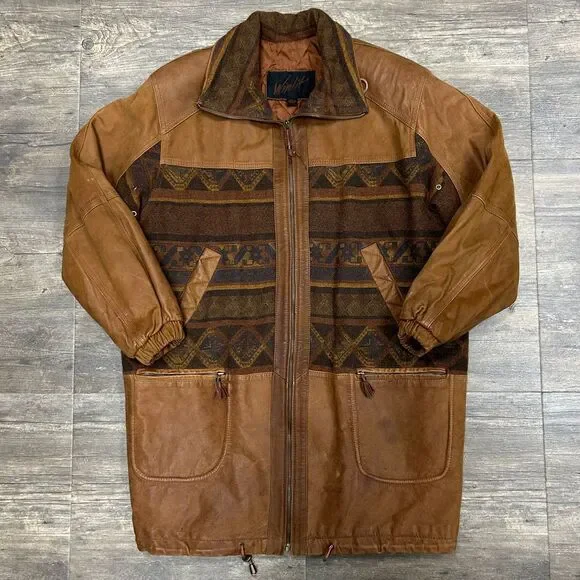 Vintage Winlit Leather Coat Wool Blend Aztec Southwest Women Size Large Brown - Picture 2 of 12